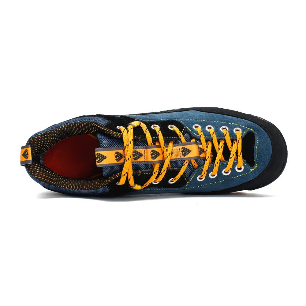 Men's hiking shoes with shock absorber sole in red and yellow colour options for outdoor trekking