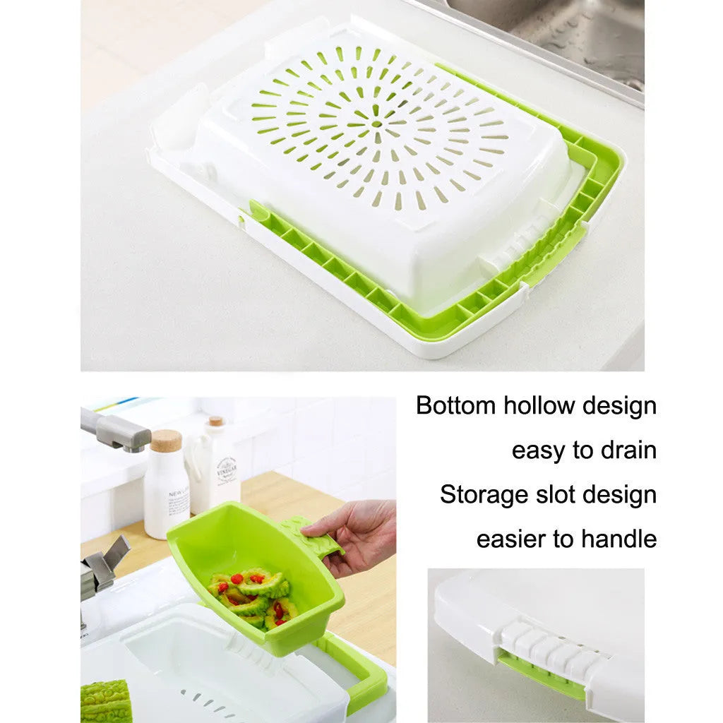 Green multi-function cutting board with draining holes mounted on kitchen sink for vegetable preparation