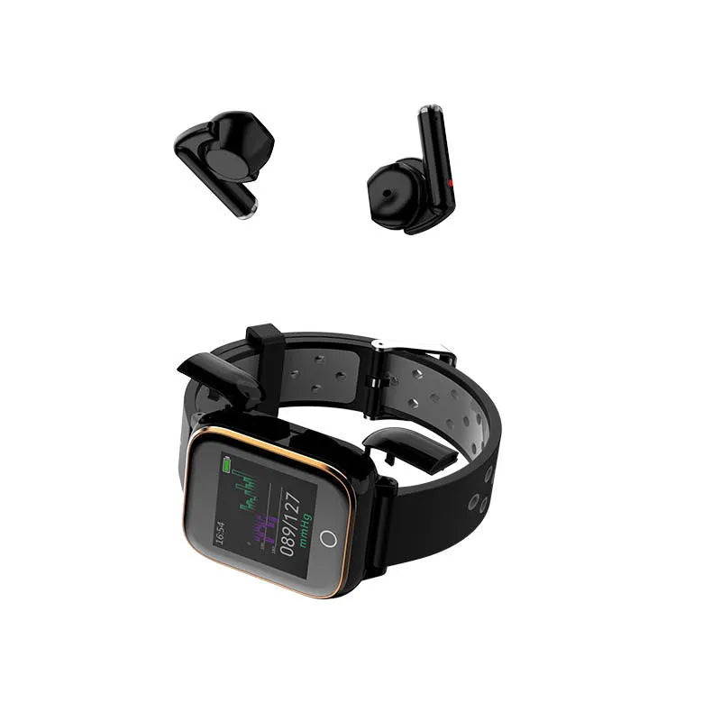 Black smartwatch with integrated Bluetooth earbuds stored in the wristband, showing a heart rate reading on its screen.