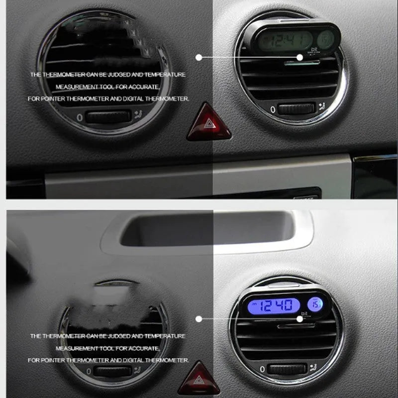 Black digital car dashboard clock and thermometer with LED display on an adjustable mounting bracket.