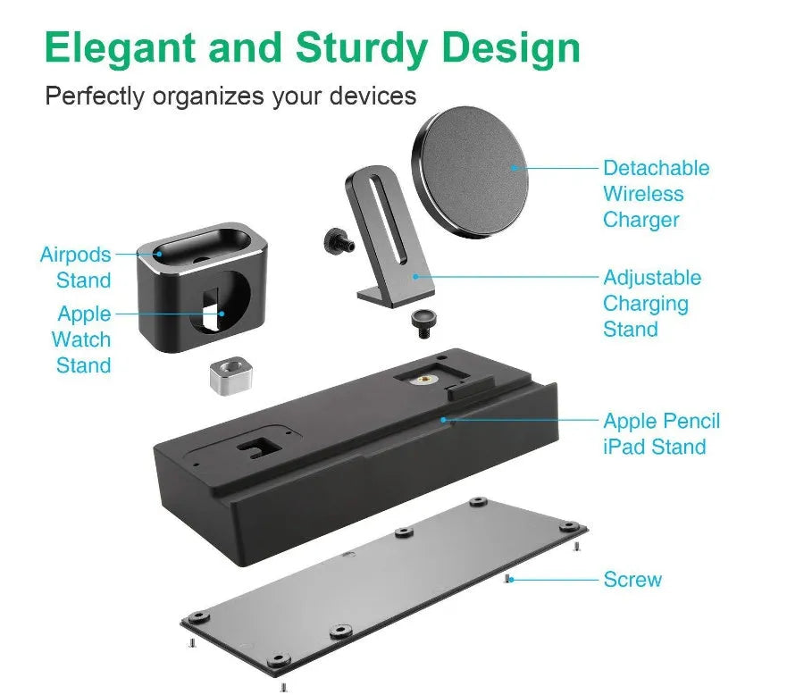 Black eight-in-one desktop charging station with five USB ports and a square wireless charging panel.