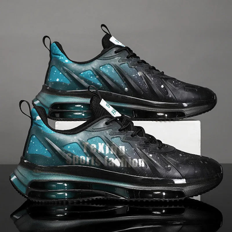 Men's black and green colour-blocked platform running shoes with a mesh upper and rubber sole.