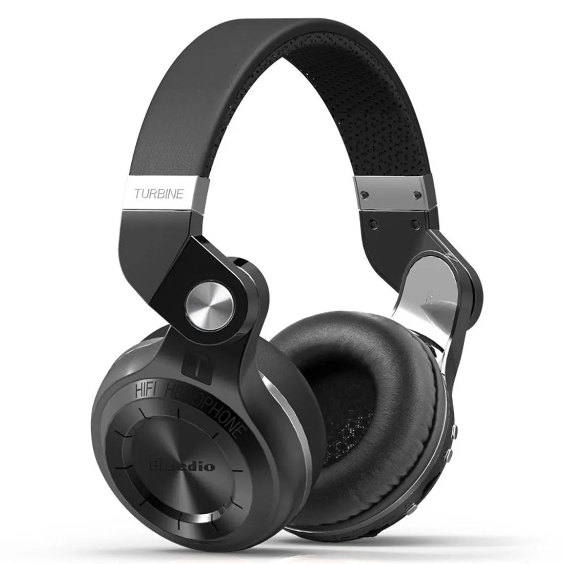A black Bluetooth headset with over-ear design and a card plug-in cable on a white background.