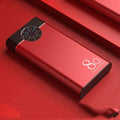 Black, red, and blue alloy-shell 20000mAh fast charging power bank with LED flashlight.