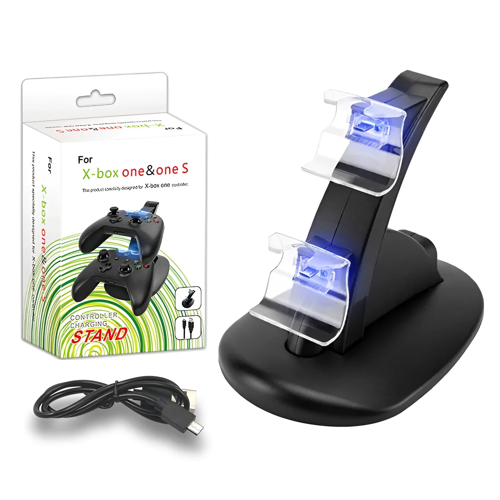 Black Xbox One dual controller charging stand showing two controller charging slots and USB cable connection