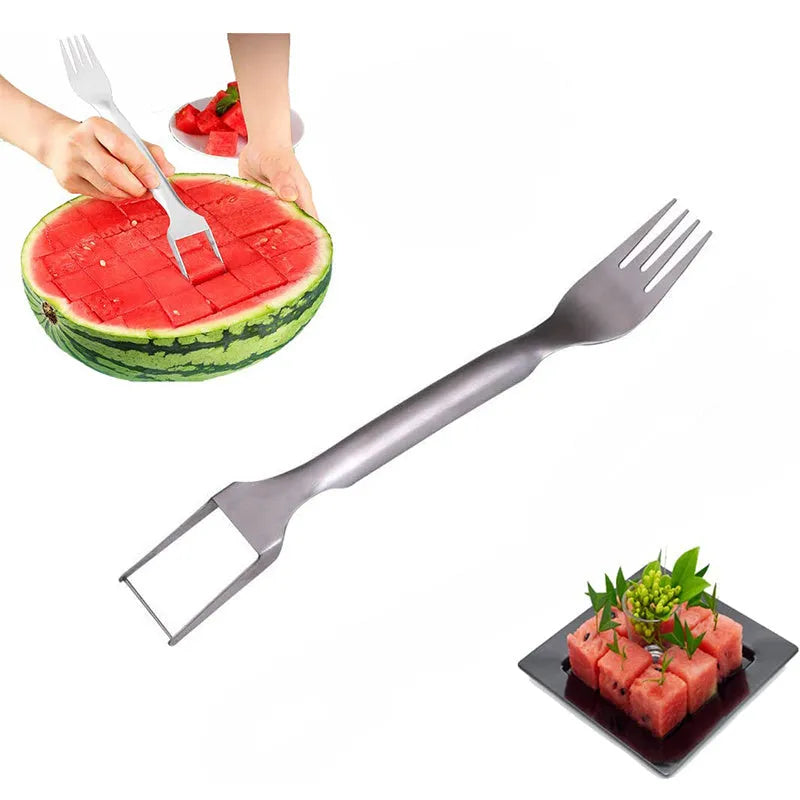 Silver stainless steel watermelon fork slicer with extended handle and rounded fork head