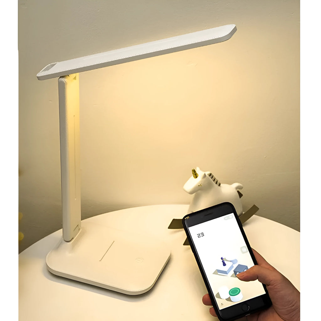 White plastic bedside lamp with touch dimming control and USB charging port