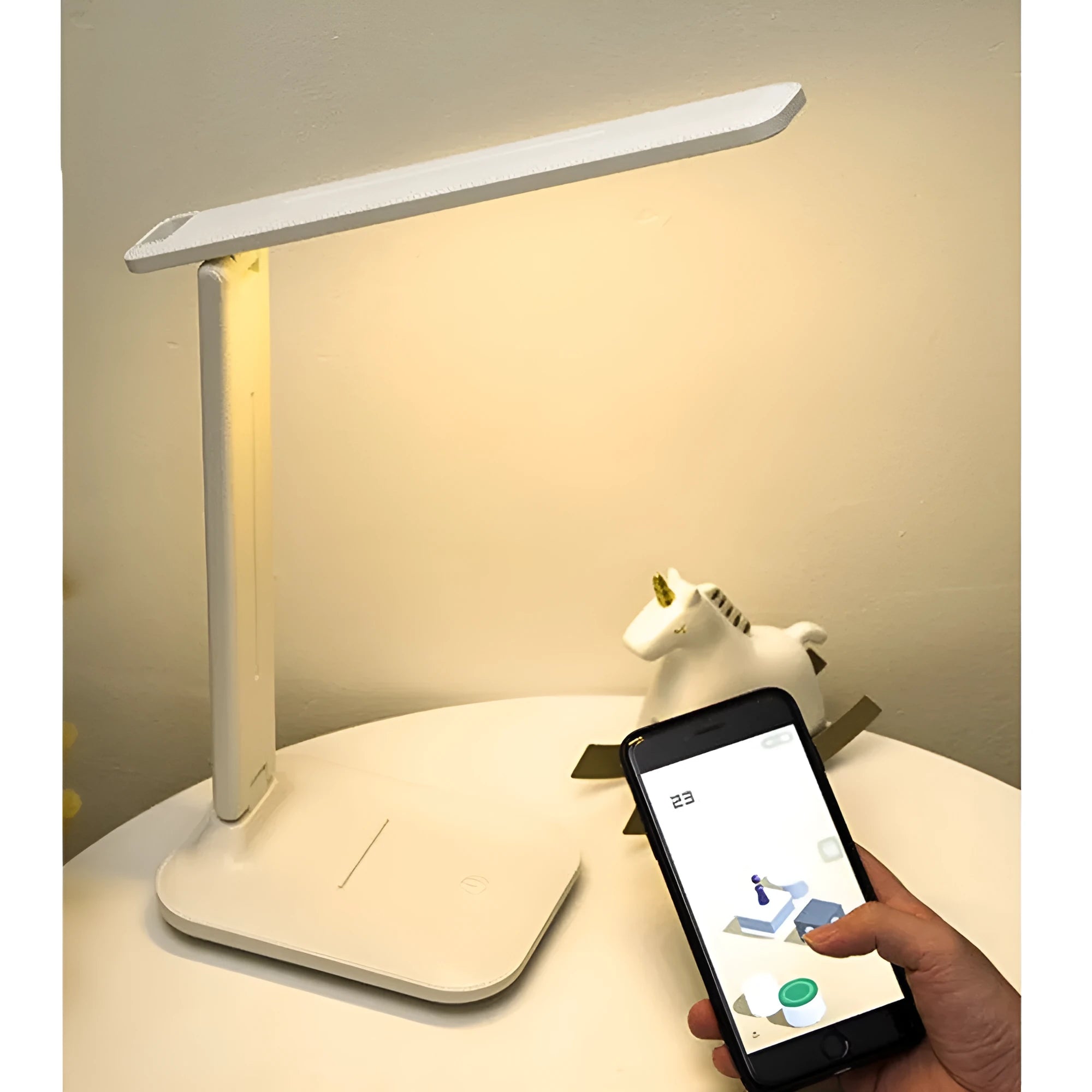 White plastic bedside lamp with touch dimming control and USB charging port