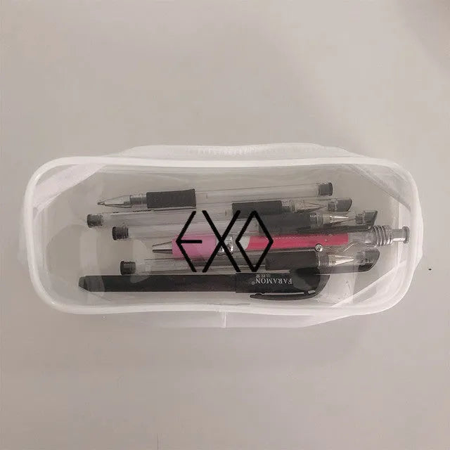 Cheer Around transparent silicone student pencil case with K-Pop print design, 20 cm length, black colour