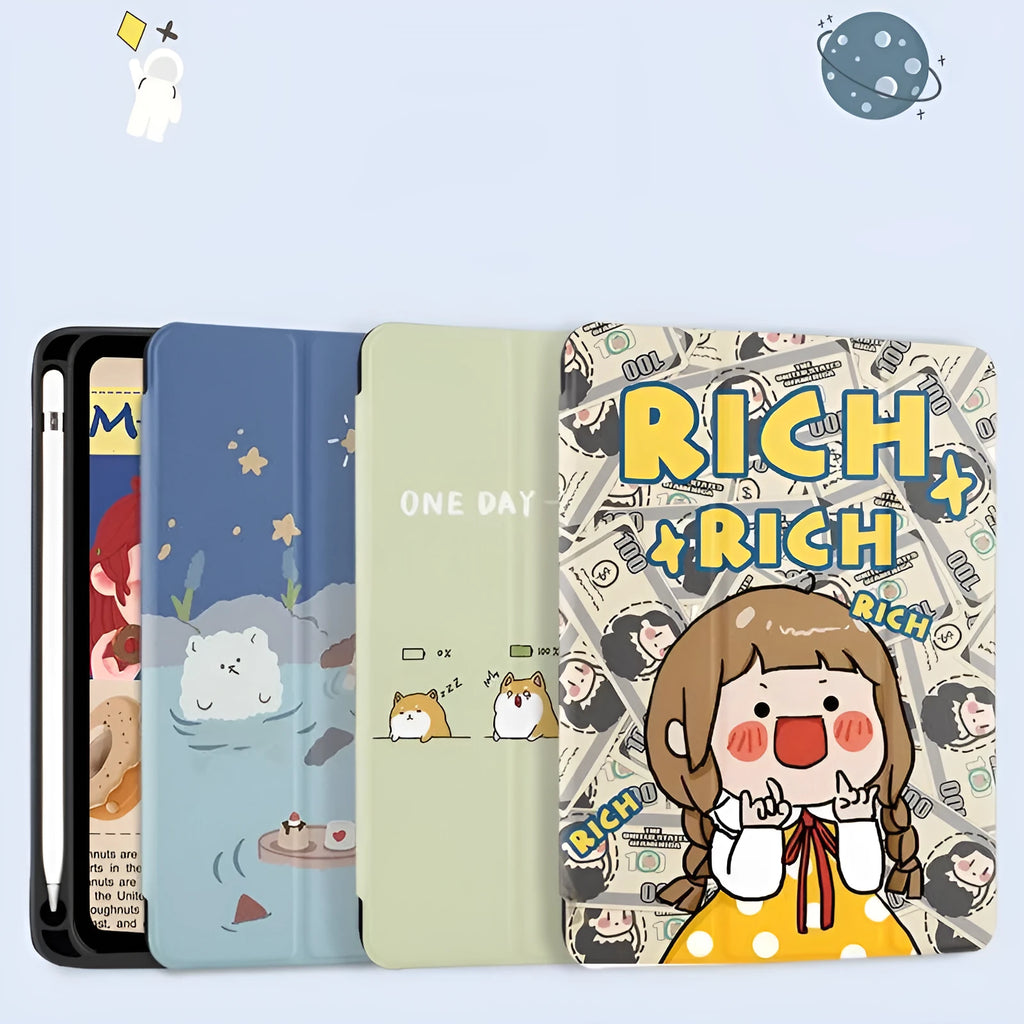 iPad silicone folding case with three-fold stand design in imitation leather cartoon style