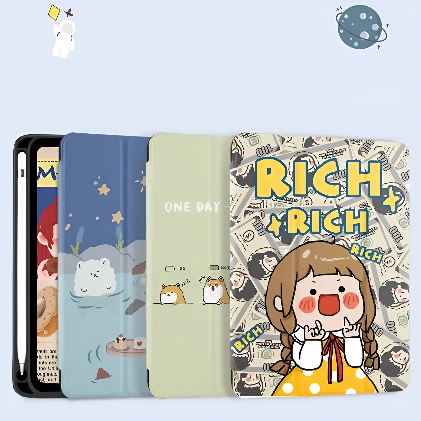 iPad silicone folding case with three-fold stand design in imitation leather cartoon style