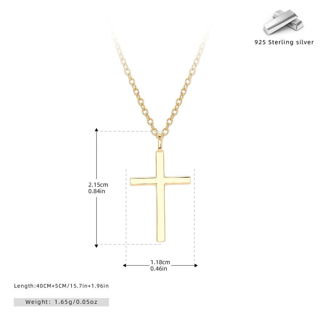 Sterling silver necklace with simple cross pendant on O-shaped chain in gold, platinum, or rose gold finish