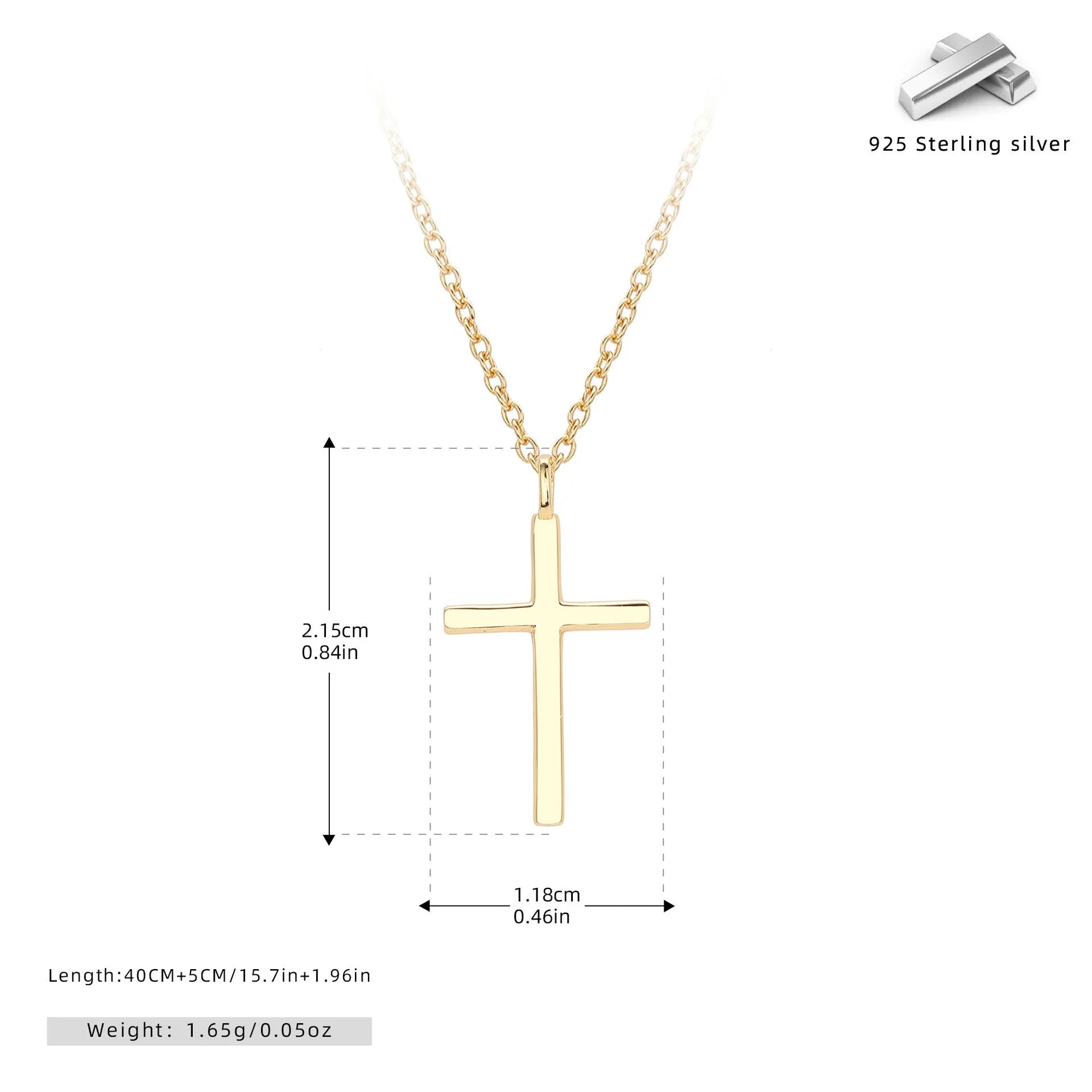Sterling silver necklace with simple cross pendant on O-shaped chain in gold, platinum, or rose gold finish