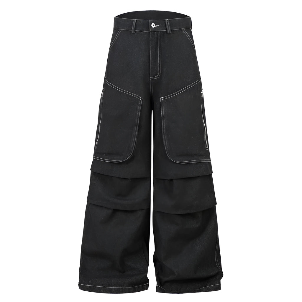 Black multi-pocket pleated work trousers made from non-stretch denim fabric on a mid waist.