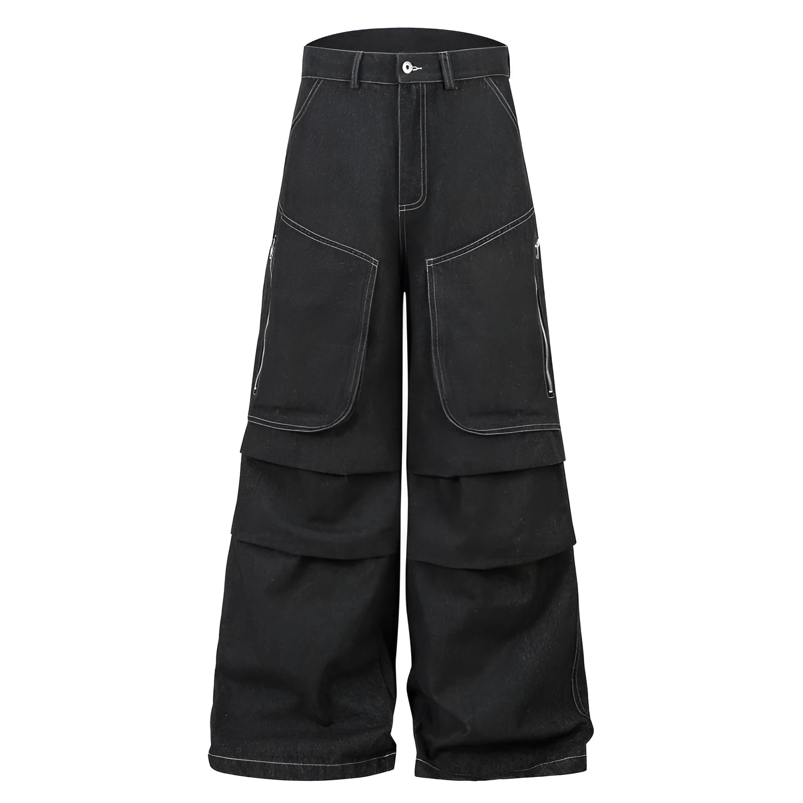 Black multi-pocket pleated work trousers made from non-stretch denim fabric on a mid waist.