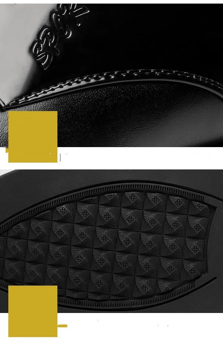 Men's casual pointed PU leather shoes in black with stitching details and rubber sole
