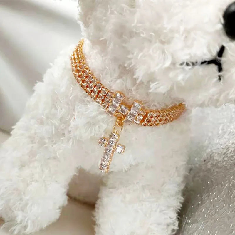 Letter cross pet necklace with zircon and rhinestone inlay, gold or rose gold, adjustable S M L sizes