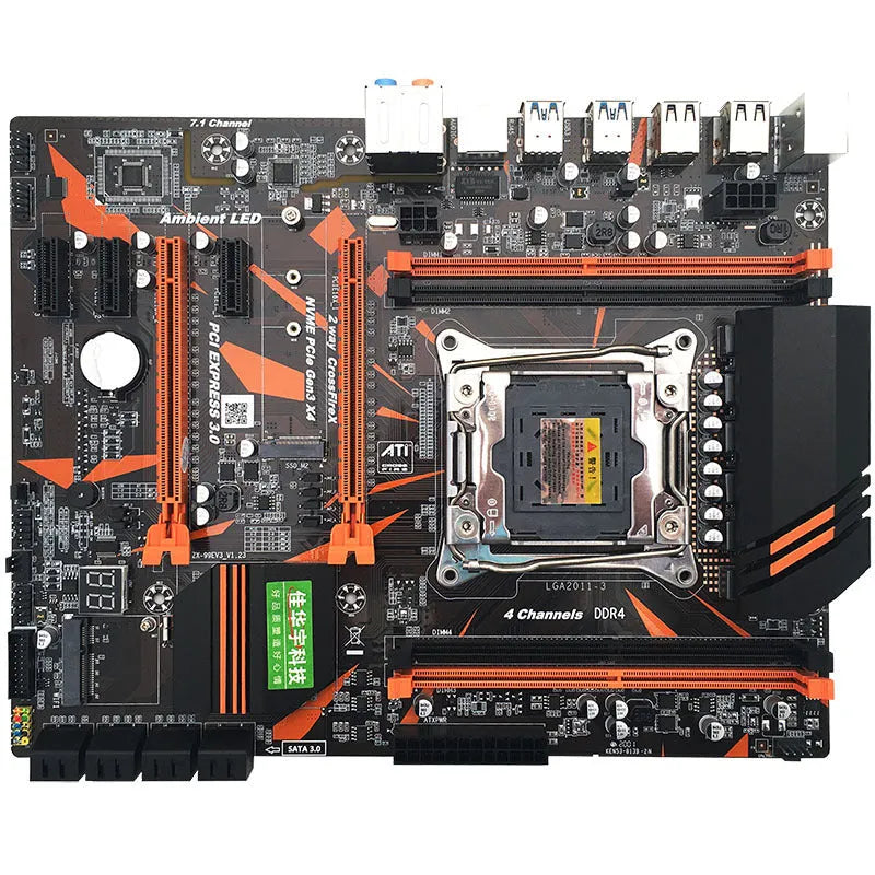 X99 computer motherboard with LGA2011-3 socket, four DDR4 memory slots, and dual PCI-E x16 slots