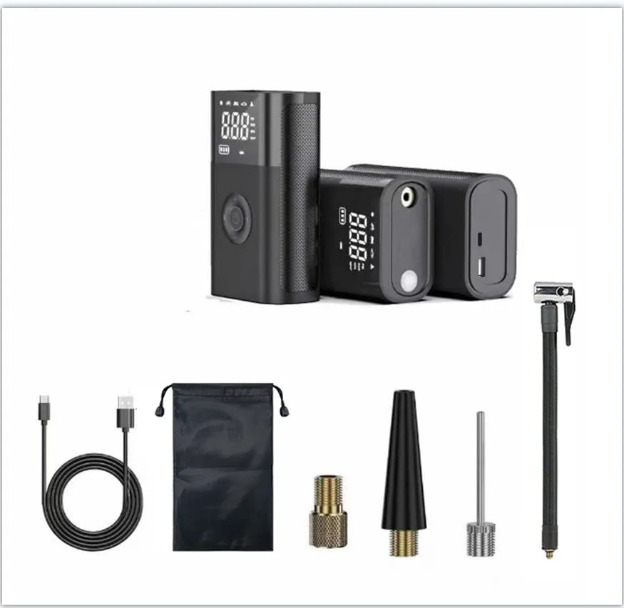 Wireless handheld digital tyre inflator with LCD screen, pressure gauge, and assorted nozzle attachments on a black background.