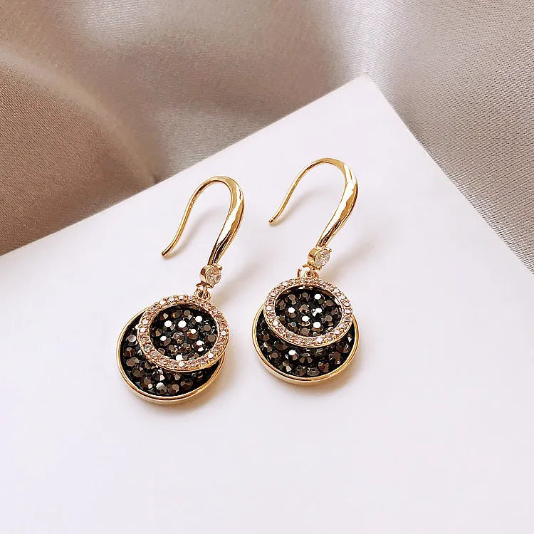 Black geometric round alloy earrings with retro Hong Kong style, showing 3.6cm drop length.