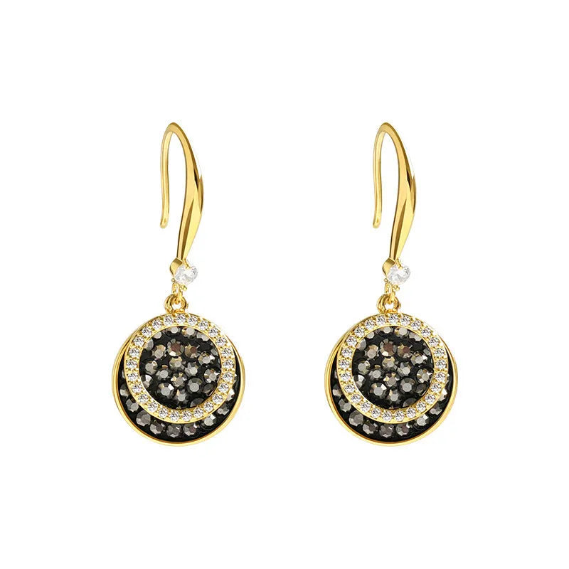 Black geometric round alloy earrings with retro Hong Kong style, showing 3.6cm drop length.