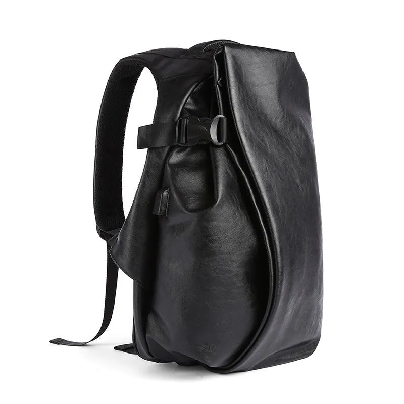 Black PU leather men's shoulder bag with square shape, car suture detail, and double straps