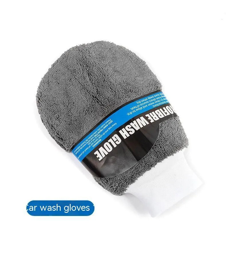 9-piece grey car wash cleaning set with microfiber sponge, gloves, tyre brush, wipes and towels