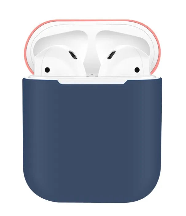 Split-shell silicone protective case for Apple AirPods charging box in a selection of colours on a plain background.