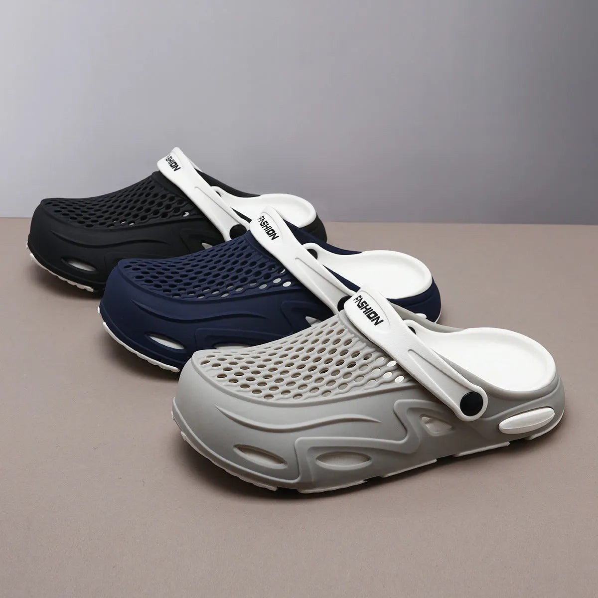 Men's grey EVA beach slippers with closed toe design and non-slip sole