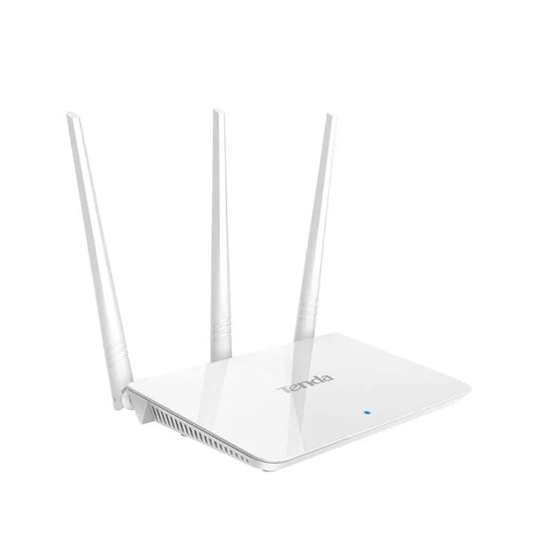 White wireless router with dual-band 2.4GHz and 5GHz support for wired broadband connections.