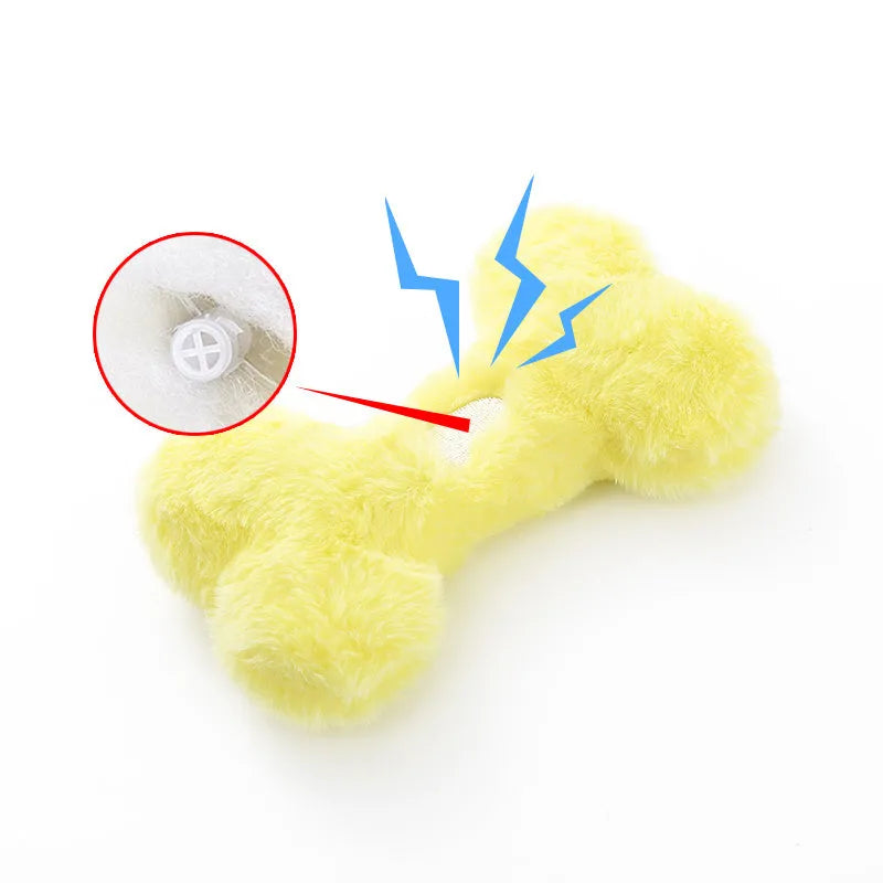 Bone-shaped plush dog toy with squeaker in blue, pink, and yellow colour options