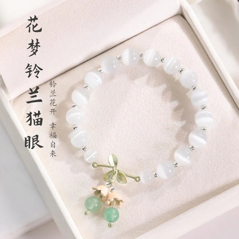 Women's cat's eye stone beaded bracelet with electroplated opal stones in diamond shape.