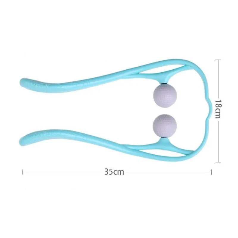 Plastic hand roller neck massager with adjustable stand in pink, blue, and green colours.