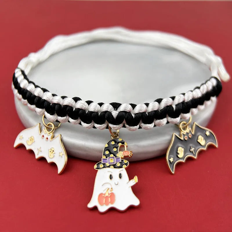 Halloween pet collar decoration with hand-woven zinc alloy geometric charm on adjustable collar