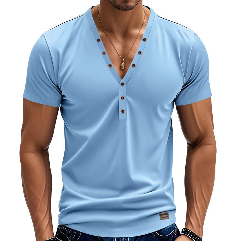 Men's loose fitting solid colour V-neck pullover top with button detail on the collar.