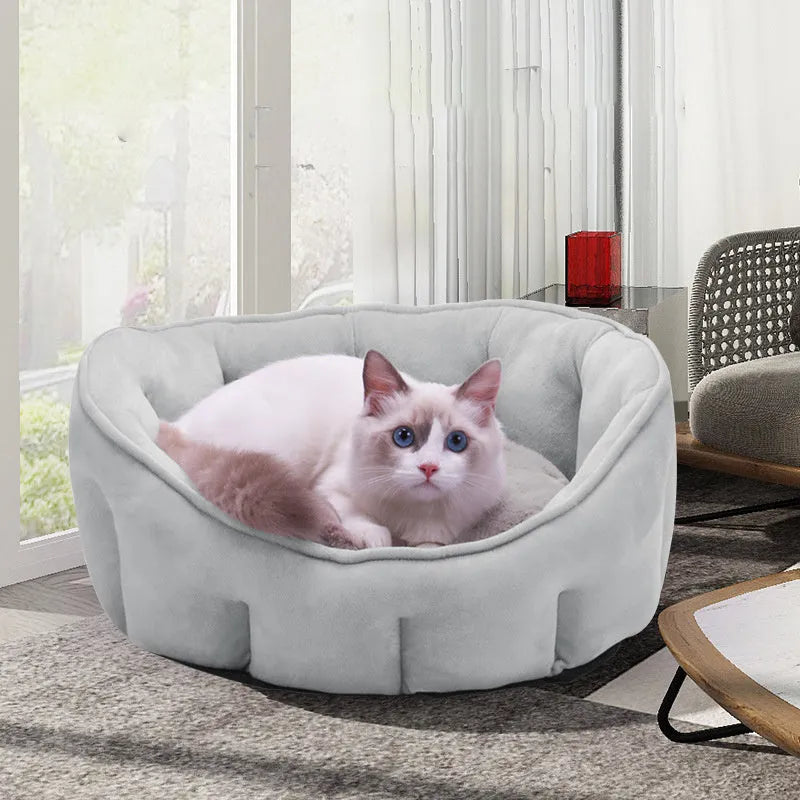 Grey cat kennel house with hammock attachment and plush interior, measuring 46cm square