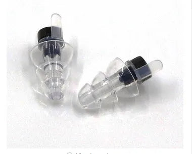 Clear music noise reduction earplugs with acoustic filter on white background