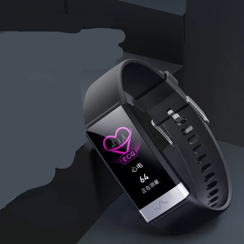 V19 smart fitness tracker bracelet with colour screen on a wrist, showing health data.