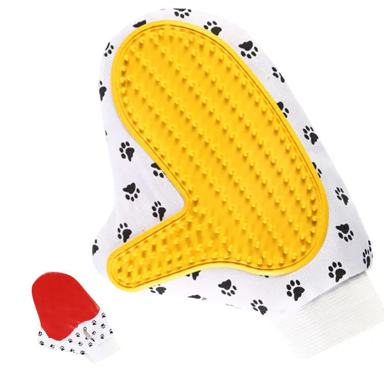 White silicone pet brush glove for deshedding cats and dogs, 25x17cm, with cloth backing
