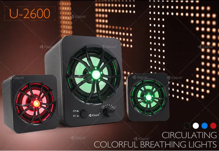 Green U-2600 2.1 USB computer speaker with colourful glowing lights on a desk