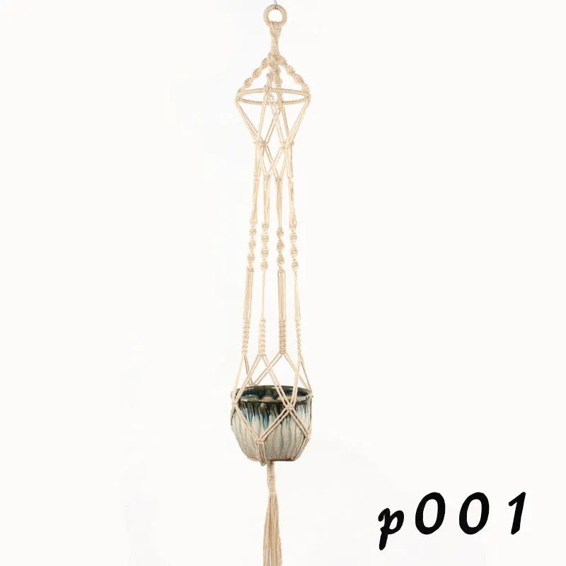 Woven cotton rope plant holder in a rustic style for hanging or tabletop use.