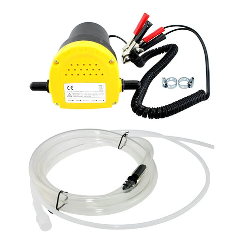 Yellow 12V electric self-priming pump with 2.5m battery clamps and hose set for diesel or oil transfer