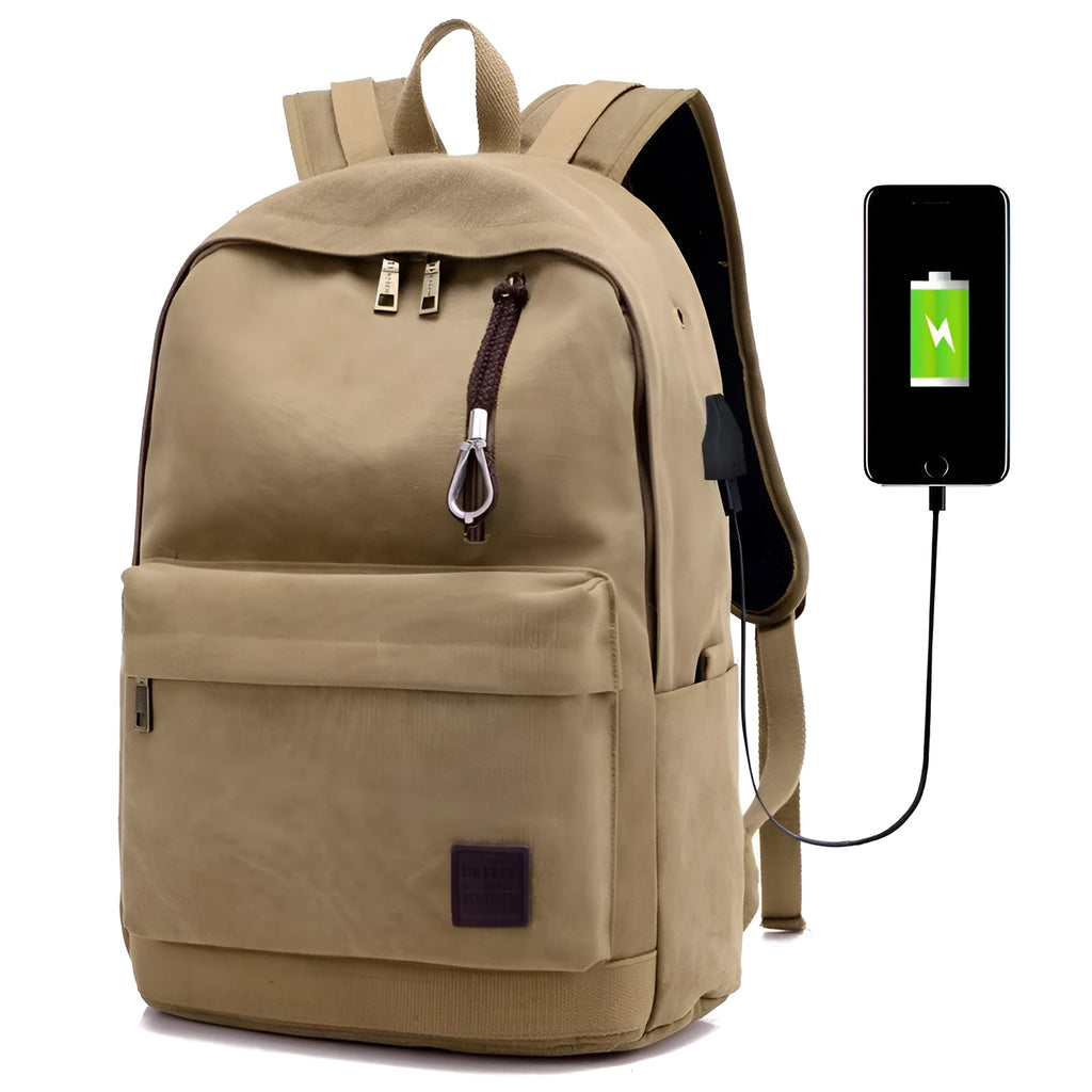Coffee-coloured canvas backpack with USB charging port and multiple compartments.