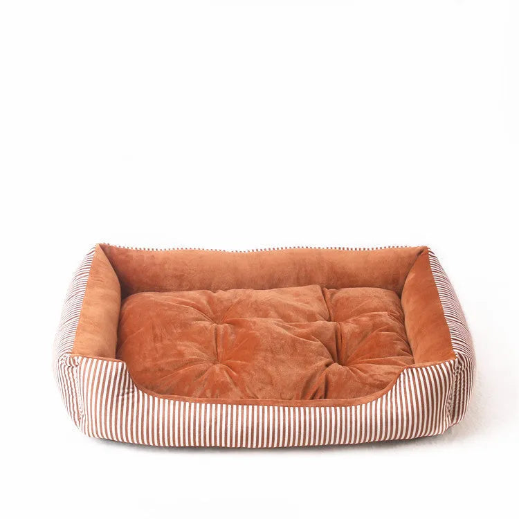 Round cloth pet bed for dogs or cats with a removable cover, shown in a striped colour pattern.