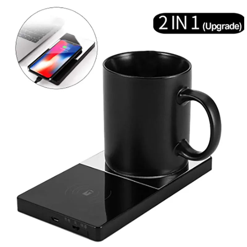 2-in-1 heated mug cup warmer and wireless charger on a desk with a coffee mug and smartphone