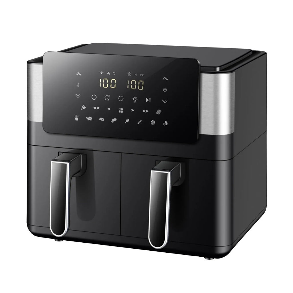 8L stainless steel dual basket air fryer with touch screen control panel, two separate 4L baskets, 2300W
