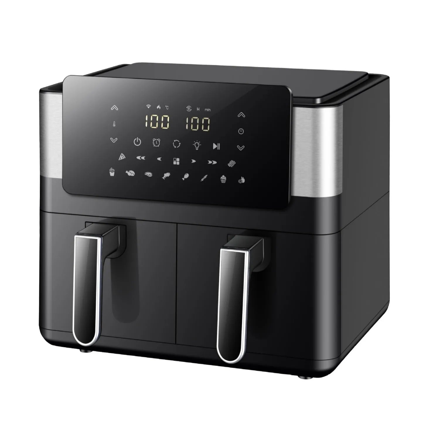 8L stainless steel dual basket air fryer with touch screen control panel, two separate 4L baskets, 2300W