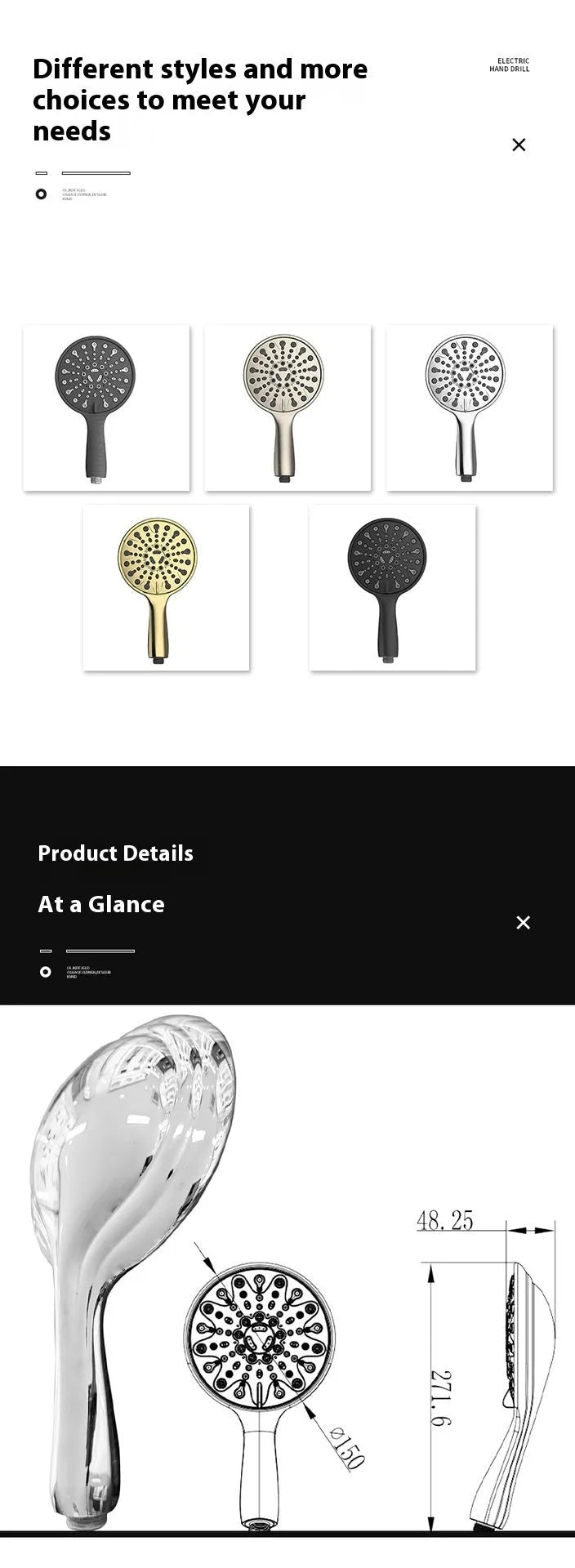 6-inch handheld shower head with electroplated finish showing six function selector