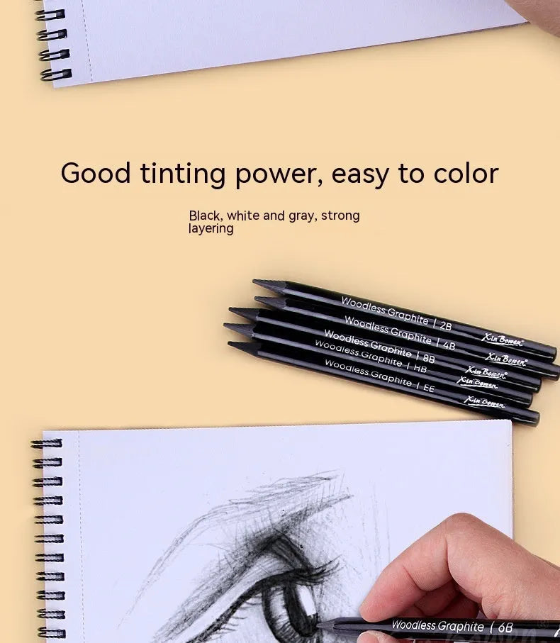 Set of six wood-free graphite sketching pencils with grades HB, 2B, 4B, 6B, 8B, and EE.