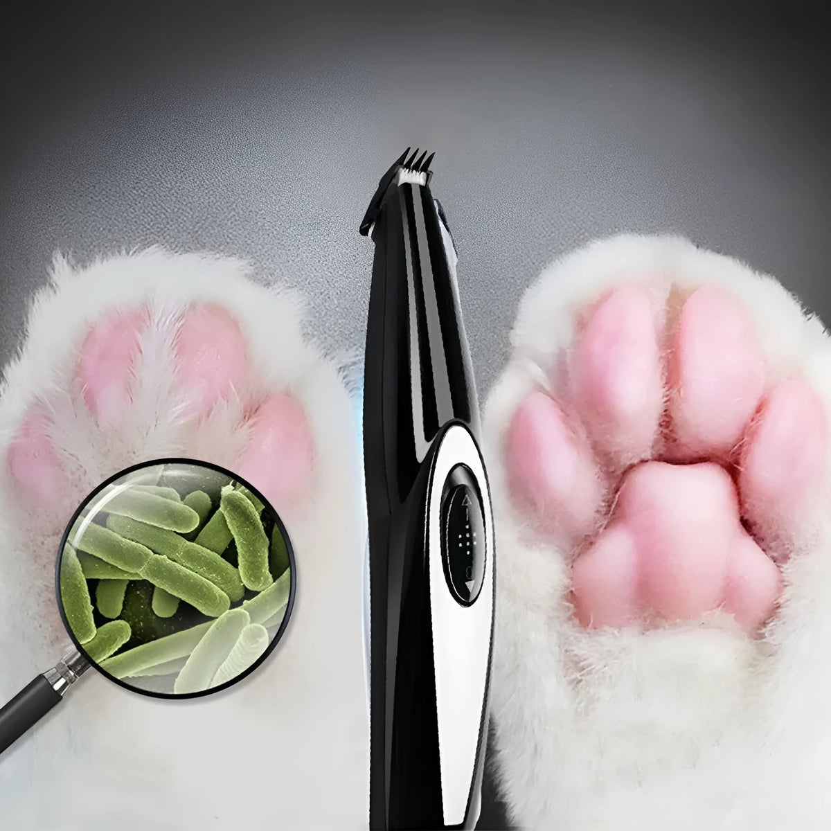 Black pet hair clippers with ceramic blade and USB charging, ABS plastic body, 300mA current.